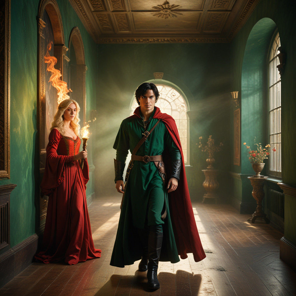 Ethereal Prince Pursues Enchanting Witch in Golden Gallery