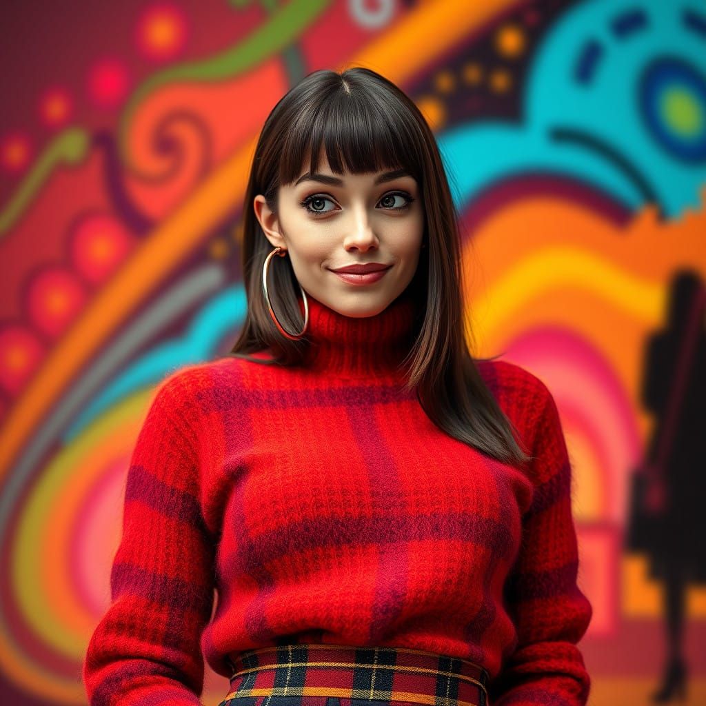 Ultra-Feminine Brunette in Vibrant Plaid, Exuding Playful Ch...