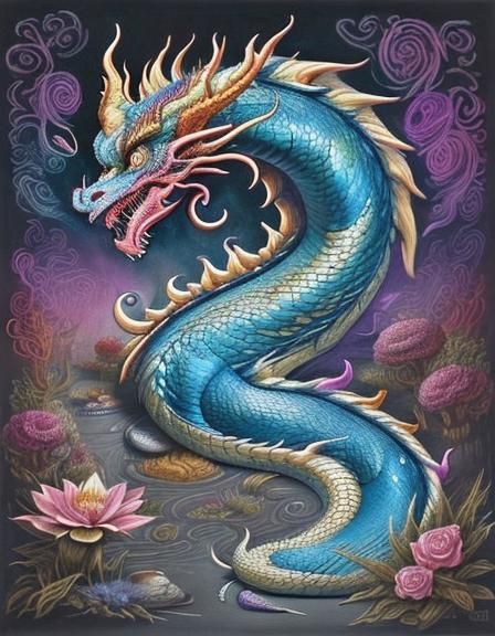 Mythical Dragon Chalk Art with Luminescent Gems