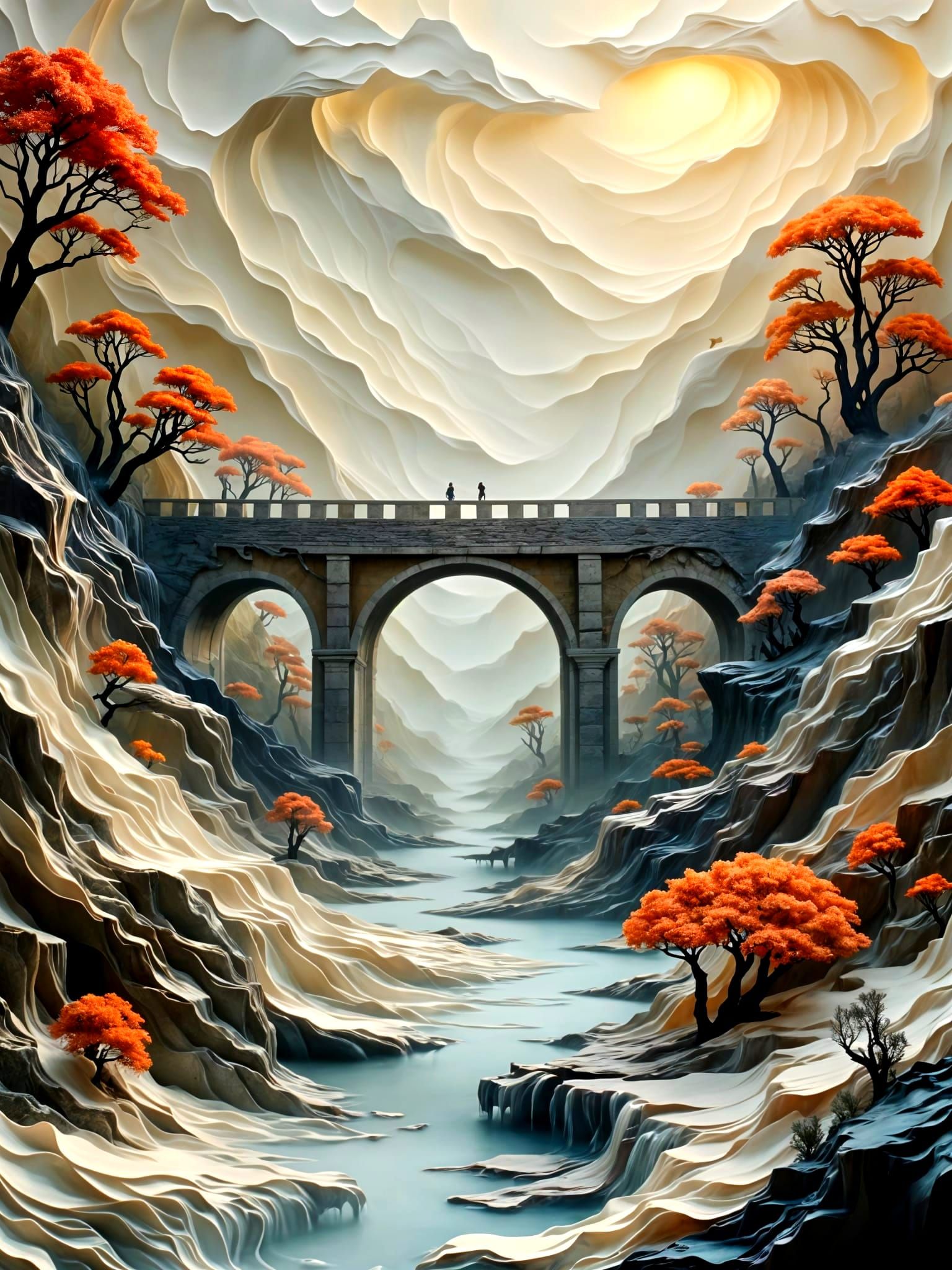 Paper Aqueduct Over Zen Garden in Ethereal Light