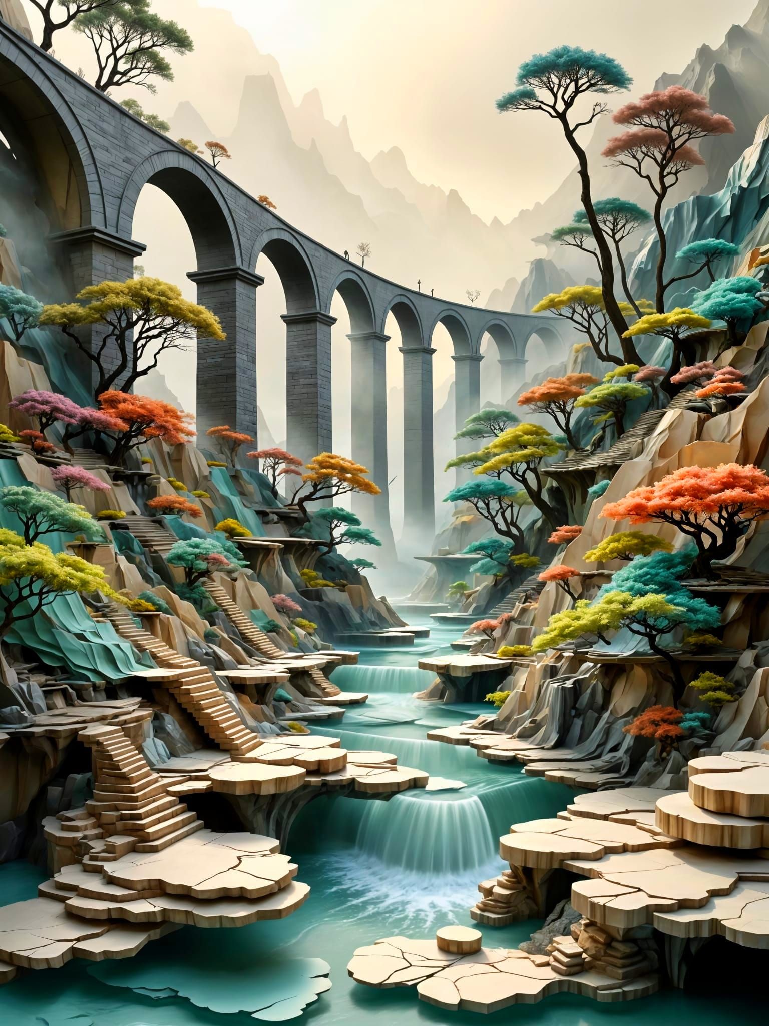Paper Aqueduct in Zen Garden Landscape