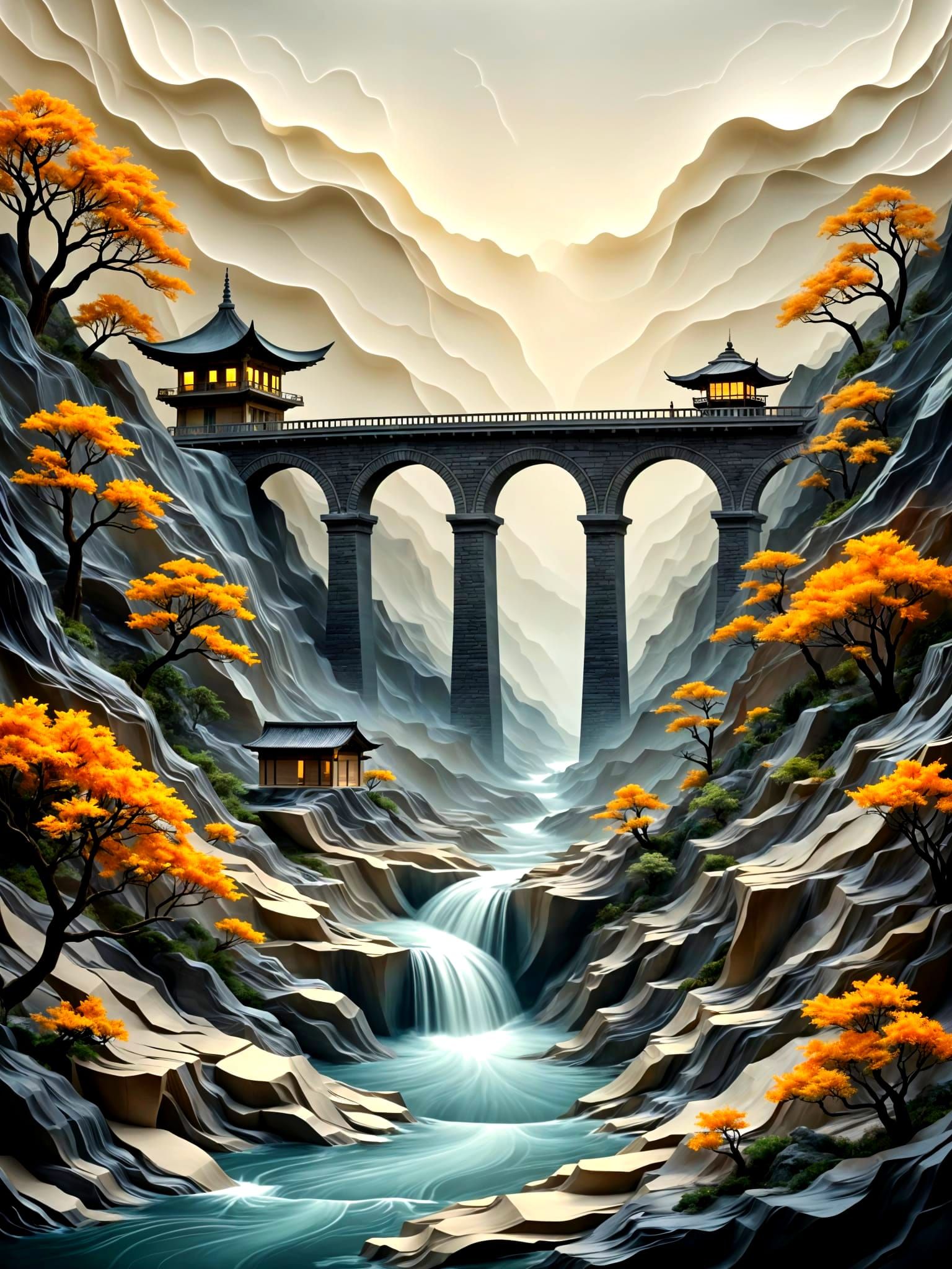 Paper Aqueduct and Pagodas in Zen Garden