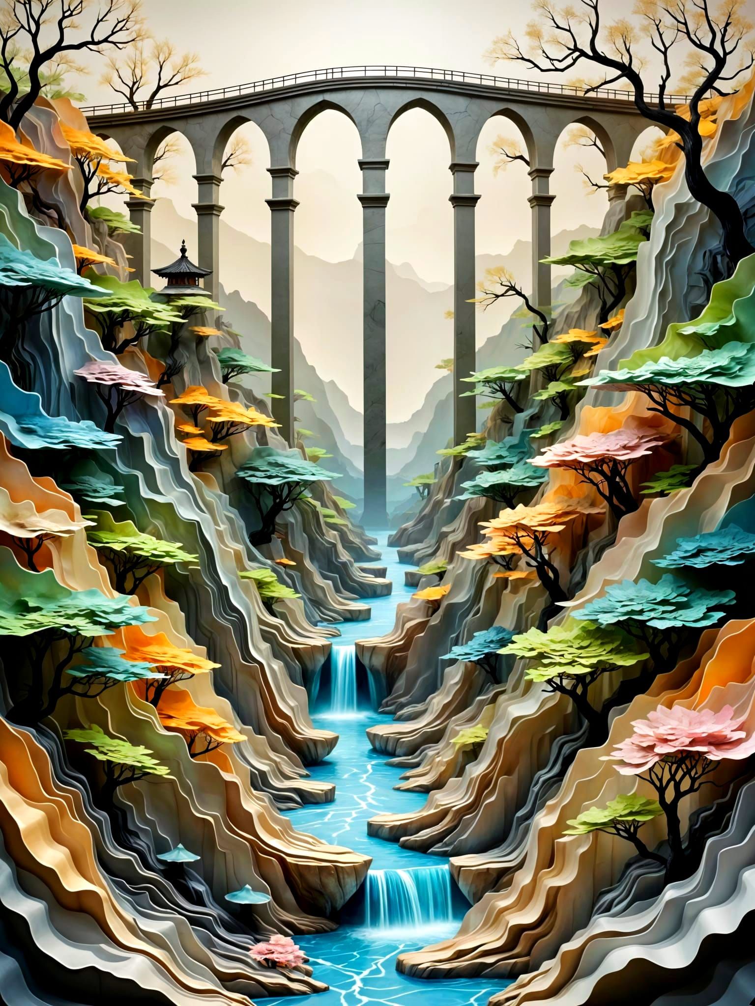 Paper Aqueduct in Zen Garden Landscape