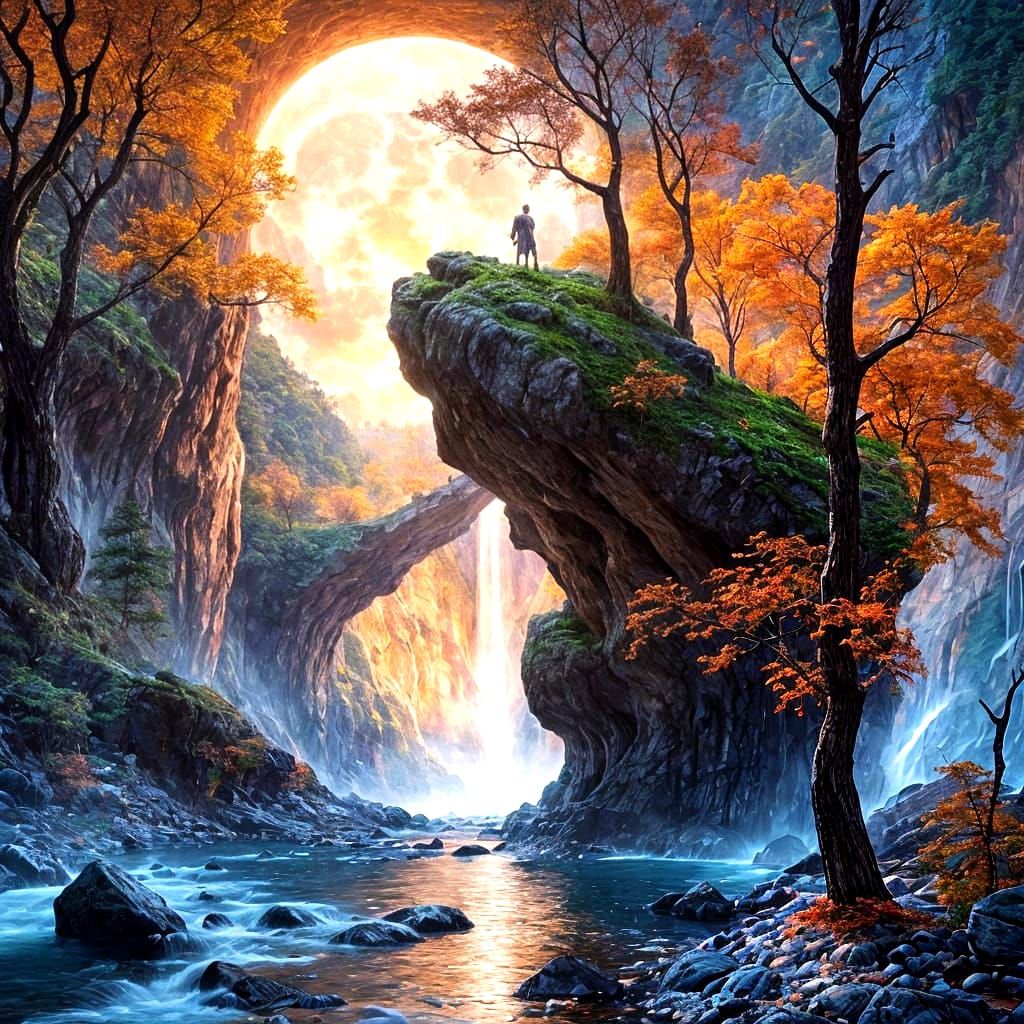 Majestic Waterfall Under Red Moonlit Sky