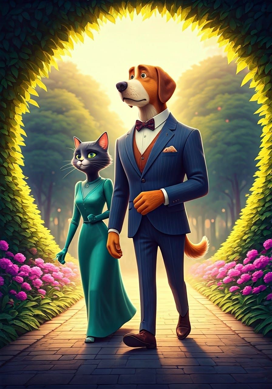 Anthropomorphic Dog and Cat Stroll through Enchanted Park in...