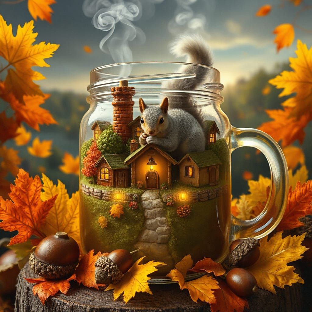 Cozy Village Inside a Mason Jar, Autumn Landscape Painting