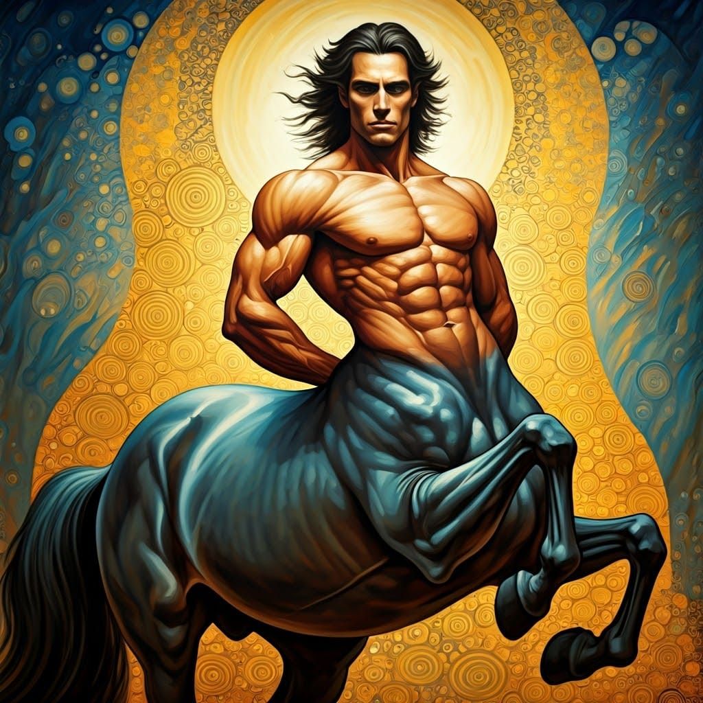 Full lenght painting of a Centaur a hybrid with male human head and body of a horse, Olymp, Oil-Gouache