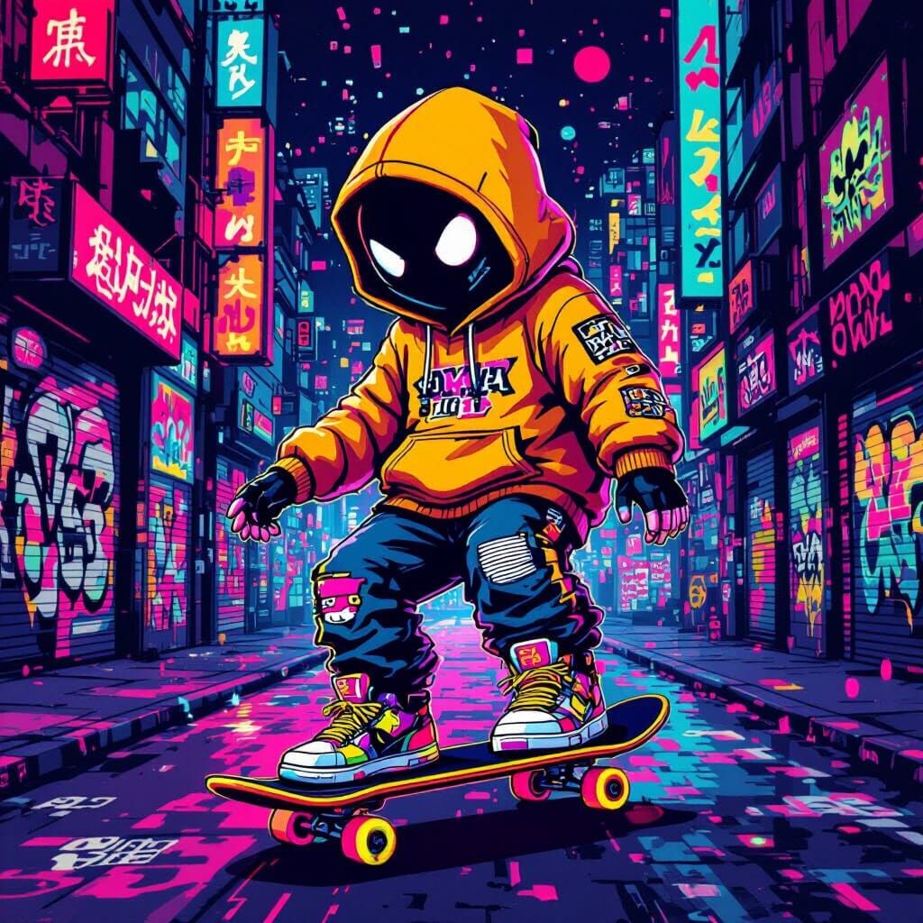 Neon City Skateboarder in Pop Art Style