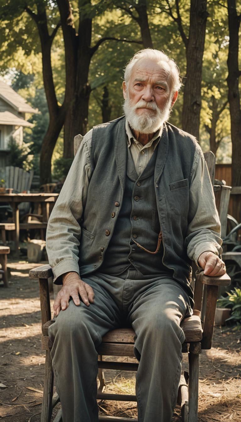 Serene Old Man in Yard: Cinematic Film Still