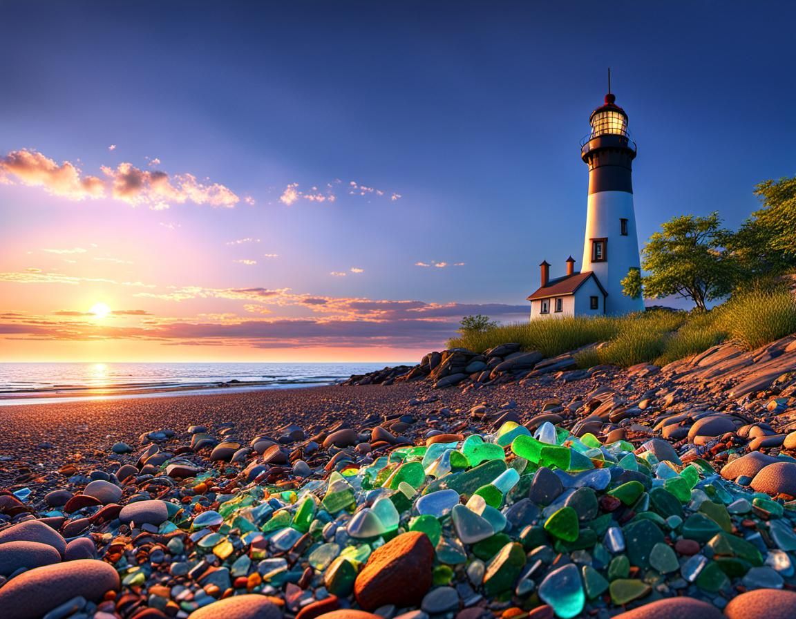 Erie Beach Sea Glass at Sunset: Hyperrealistic Digital Art