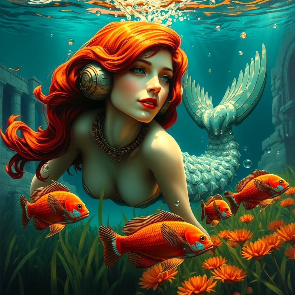 Steampunk Robot-Mermaid in Art Nouveau Oil Painting