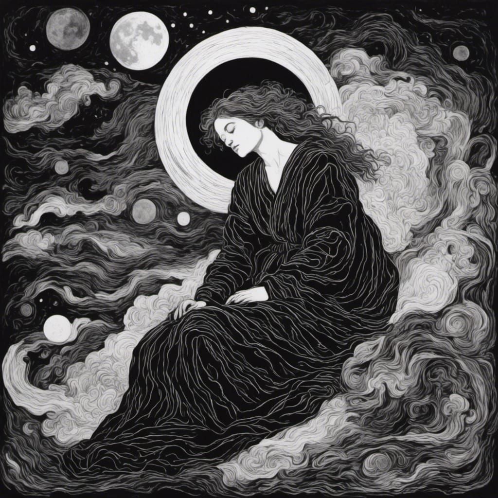 Woman Sleeping in Cosmic Trip: Black and White Art