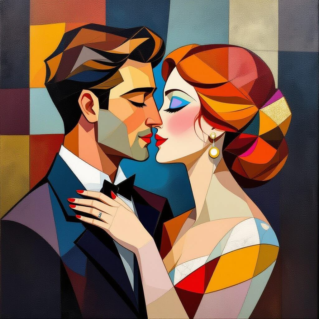 Abstract Cubist Painting of Two Lovers Kissing
