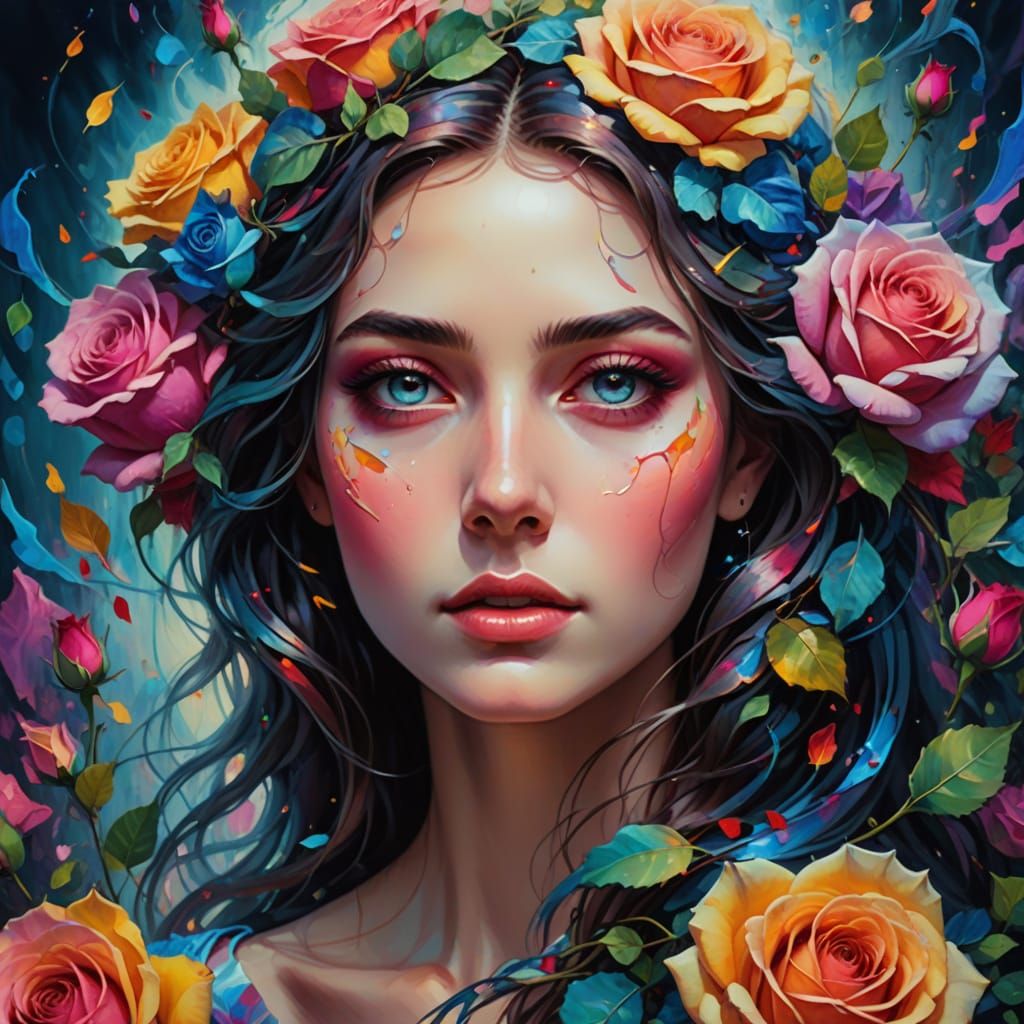Ethereal Goddess of Rainbow Roses in Vibrant Oil Painting