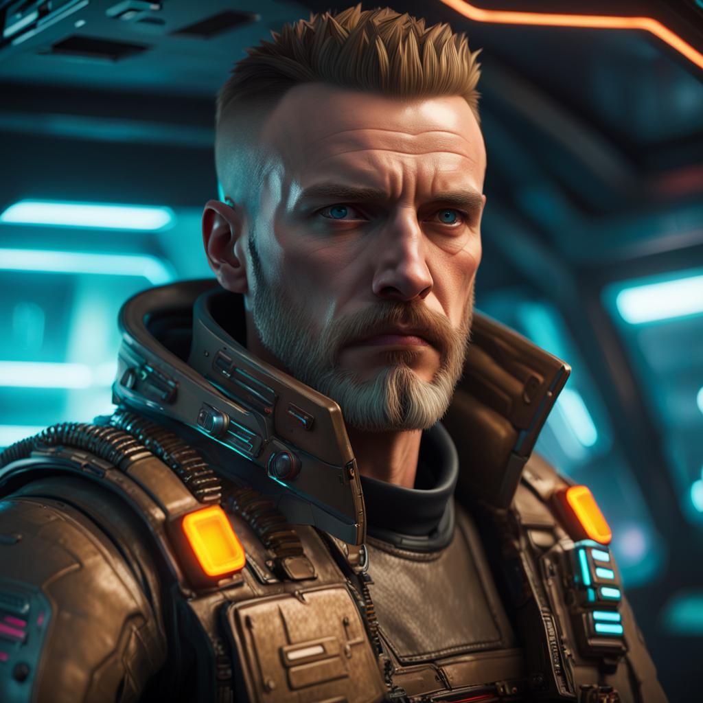 Cyberpunk Armored Man with Laser Gun in Spacecraft