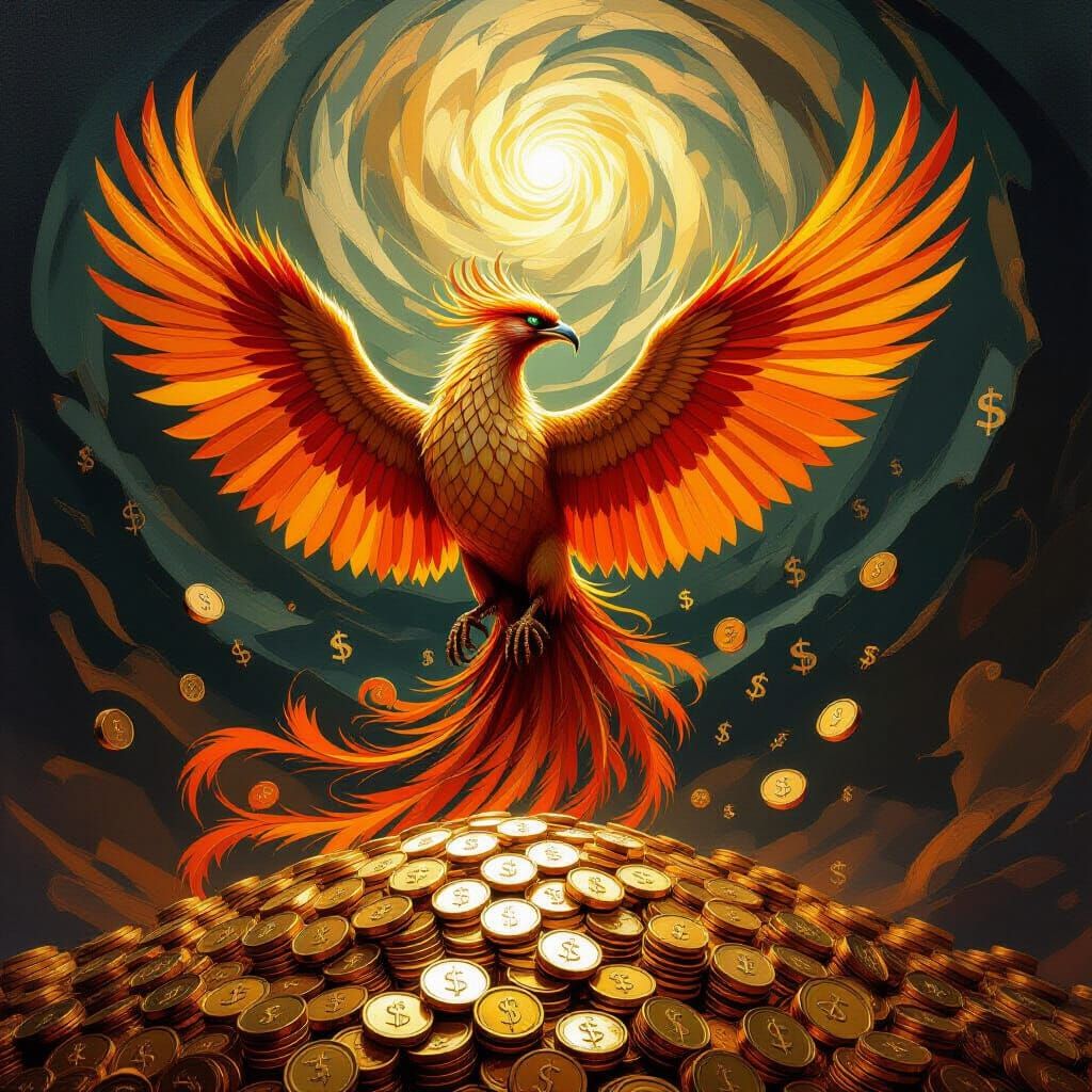 Majestic Phoenix Rises from Gold Coins in Renaissance Style
