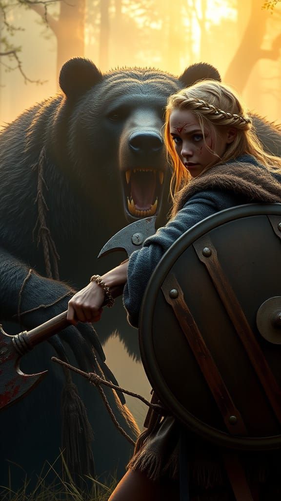 Viking Shieldmaiden Battles Massive Black Bear in Misty Fore...