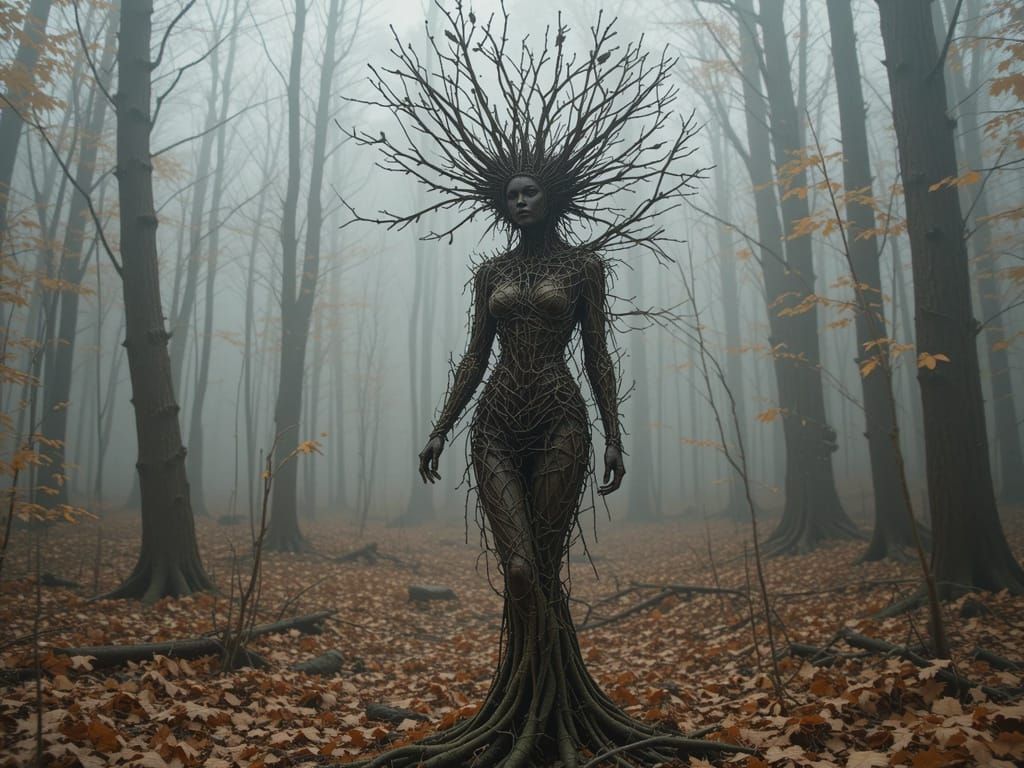 Dryad Queen Emerges from Misty Autumn Forest