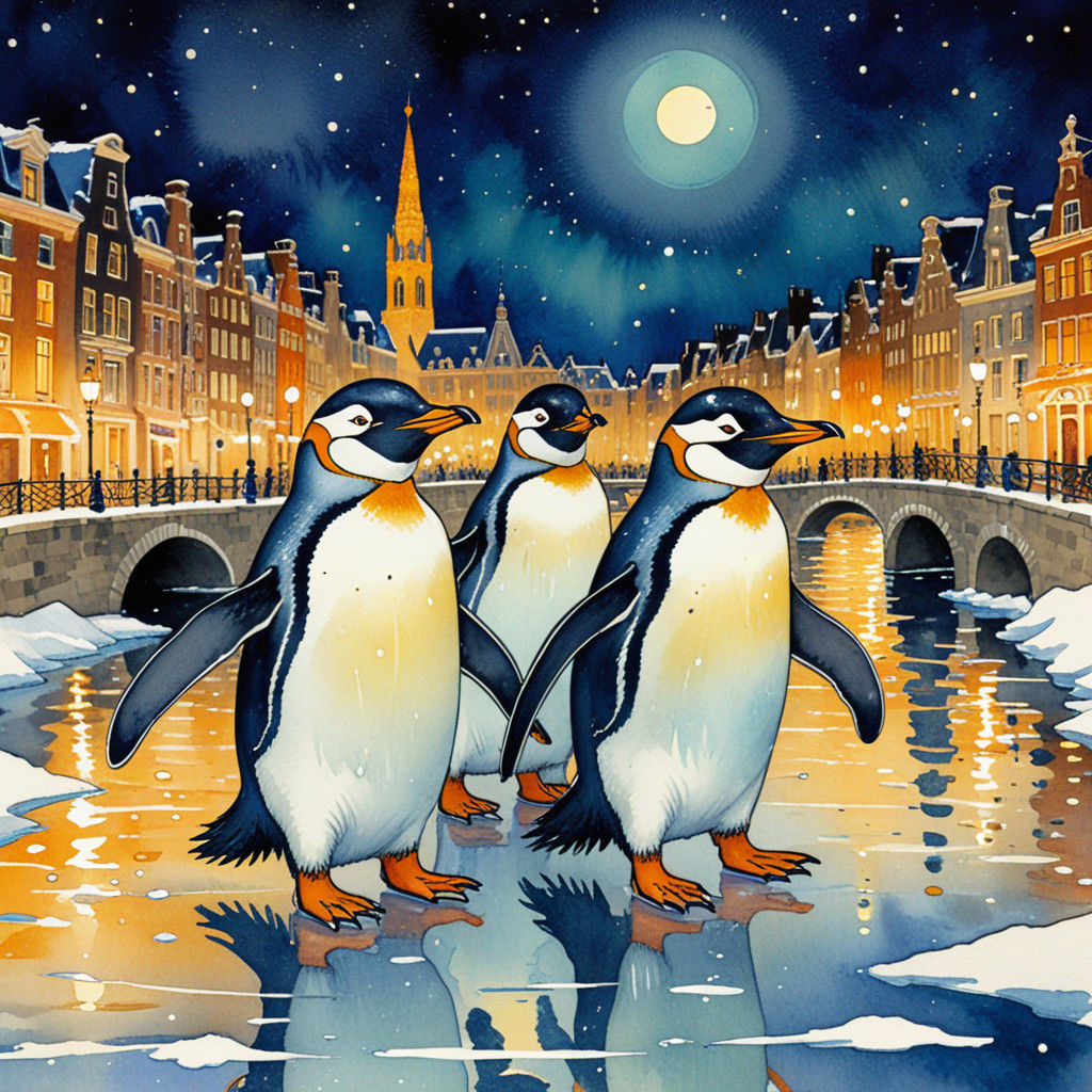 Enchanted Penguins Skate Under Starry Amsterdam Skies