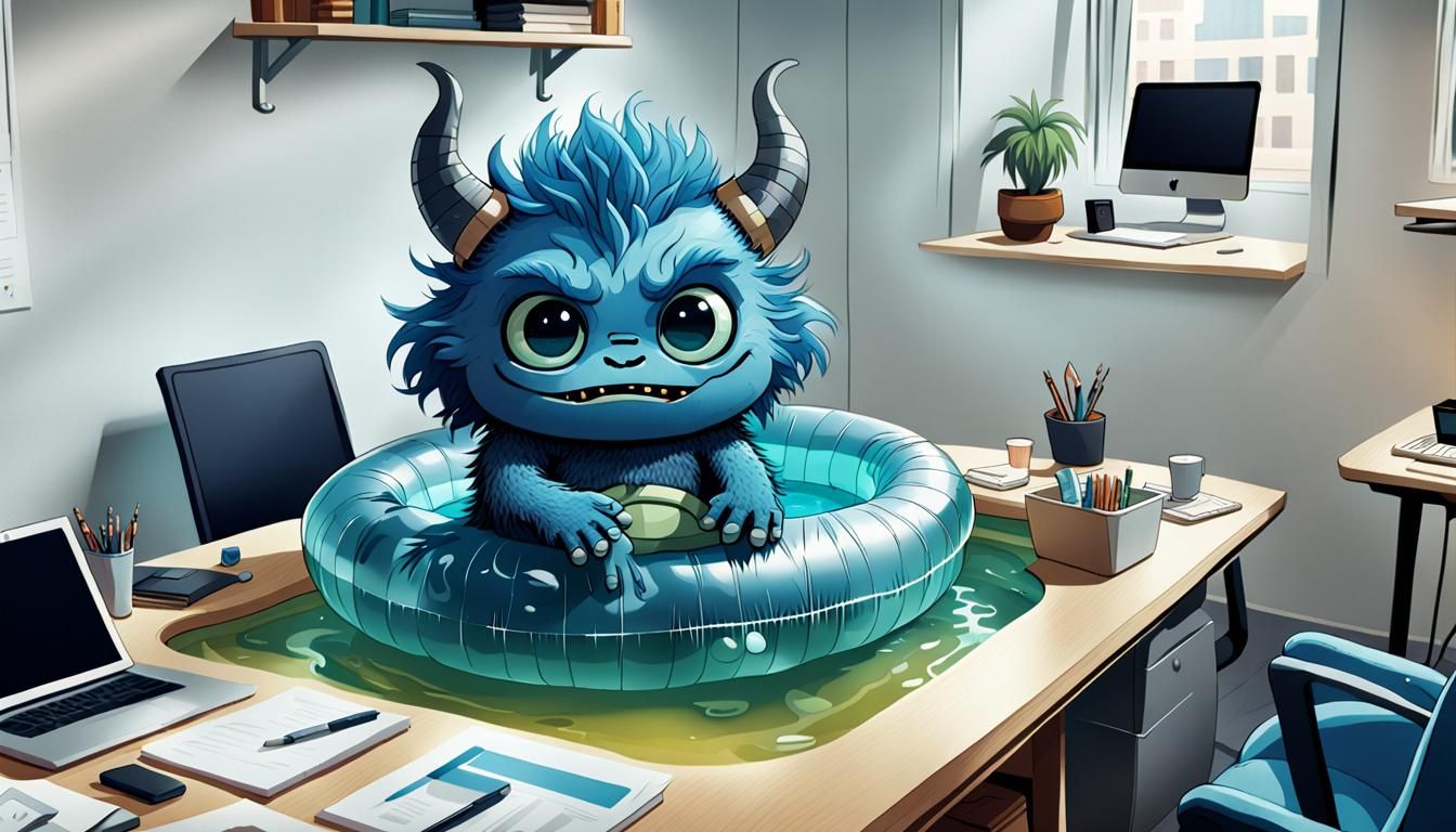 Alluring Furry Blue Monster in Office Caricature