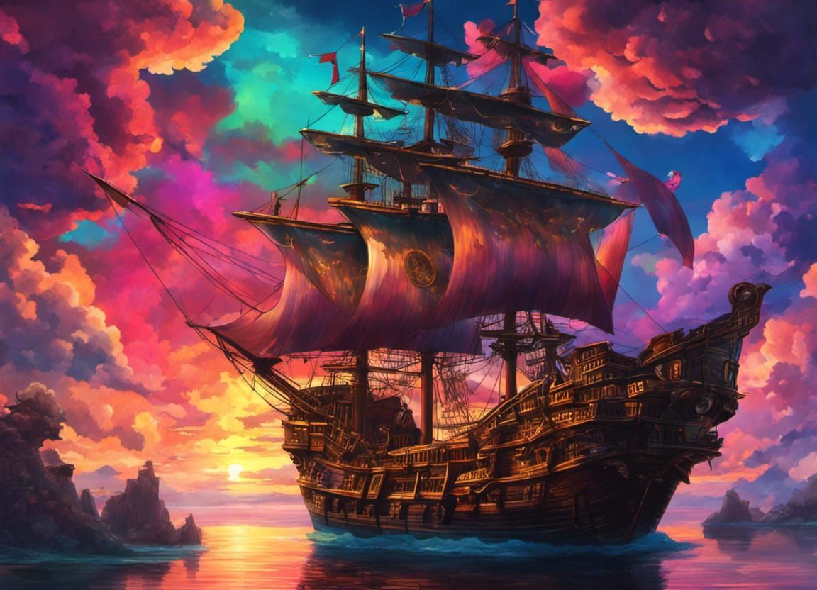 Anime Pirate Ship in Colorful Clouds
