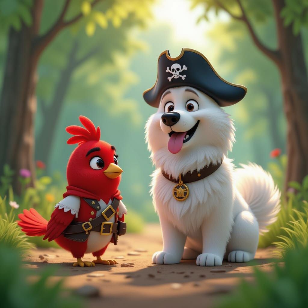 Pirate Bird and Dog in Whimsical Forest Clearing