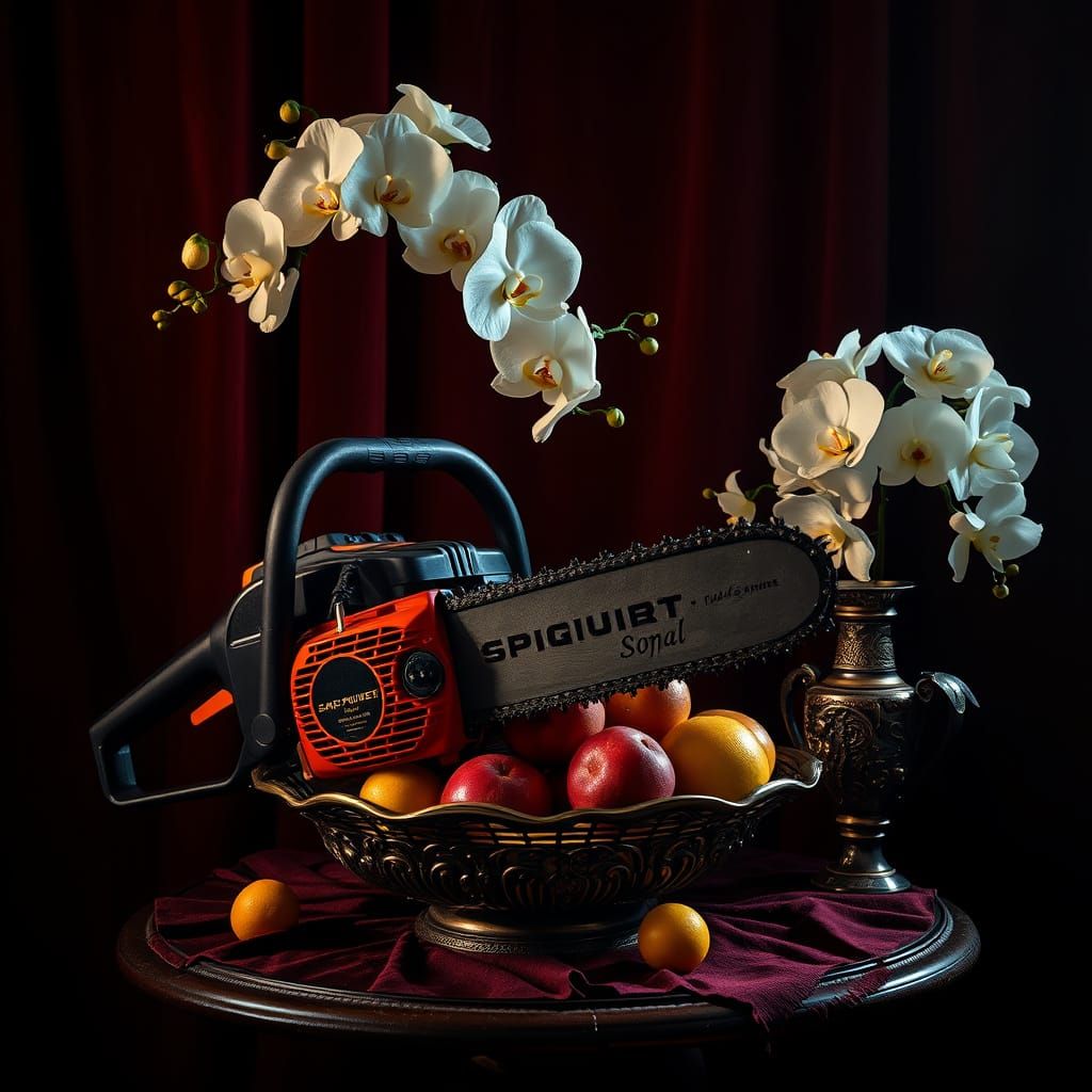Hyperrealistic Chainsaw Still Life with Fruit and Orchids