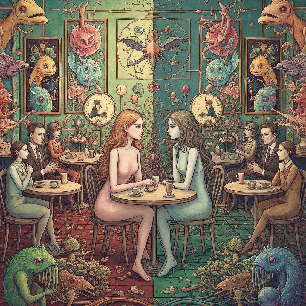 Surreal Cafe in Multiple Time Periods, Hieronymus Bosch Styl...