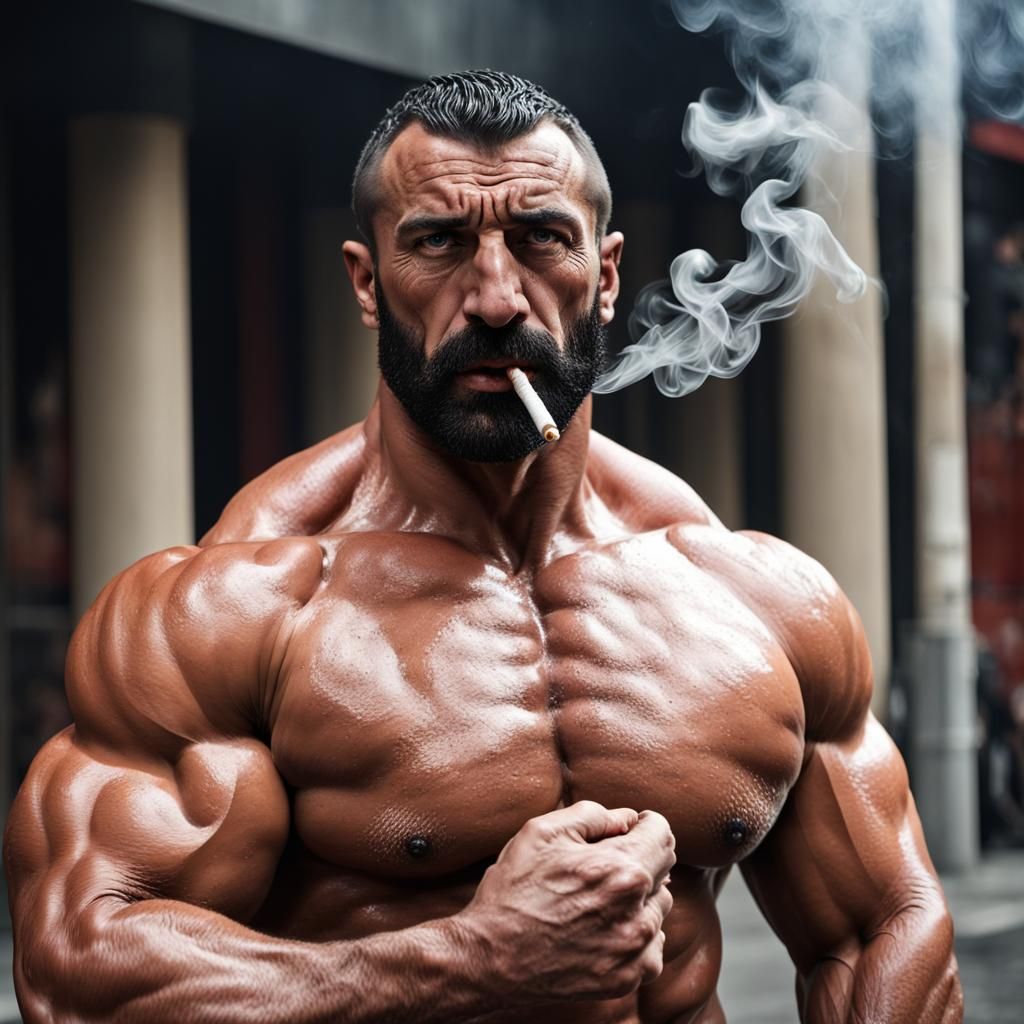 Hyperrealistic Bodybuilder with Cigarette
