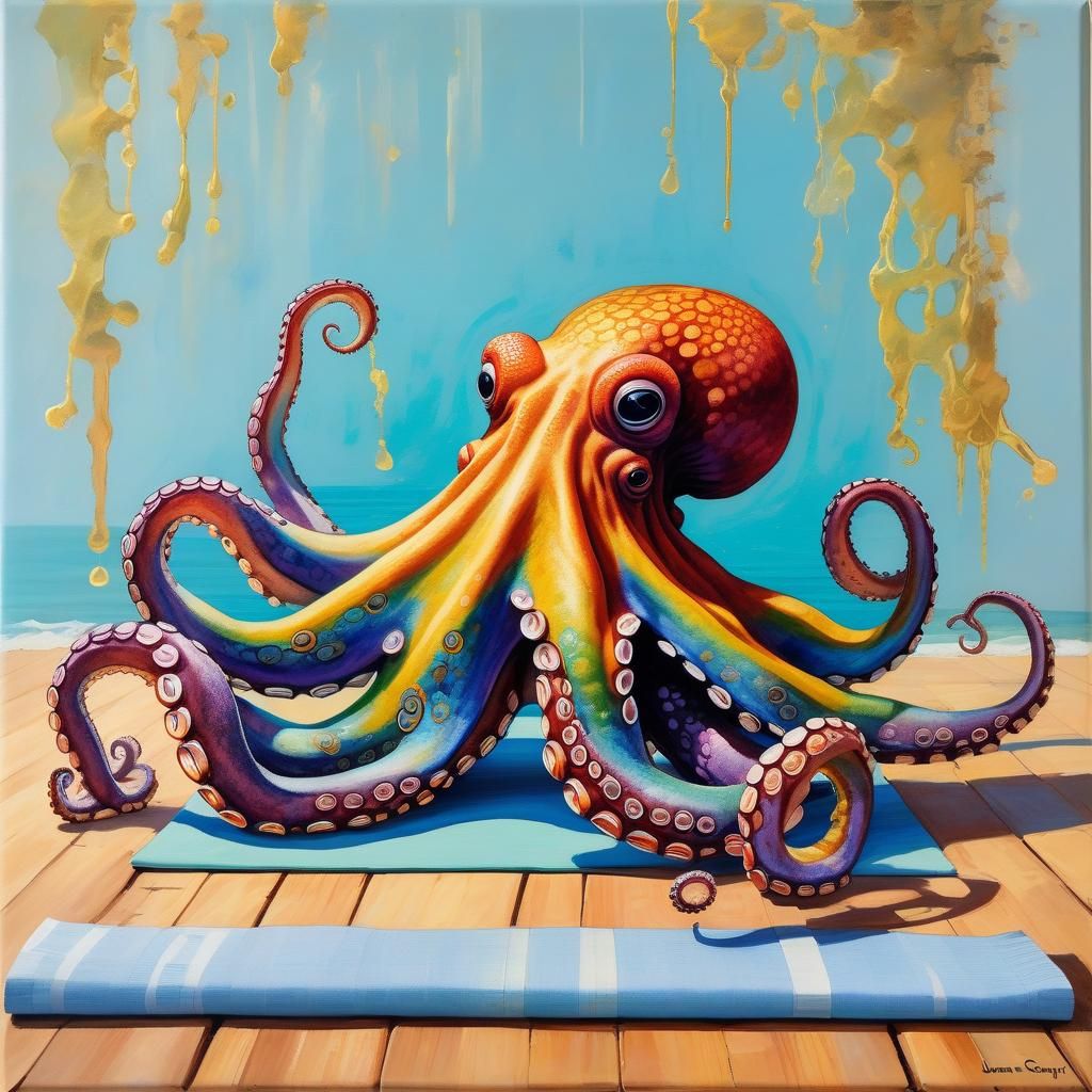 Rainbow Octopus Yoga: Oil Painting by Gurney Style