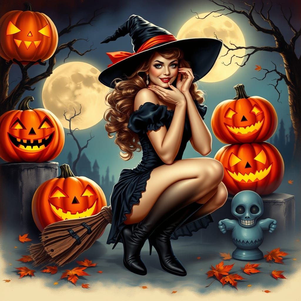 Halloween Pin-Up Witch Illustration in Retro Style
