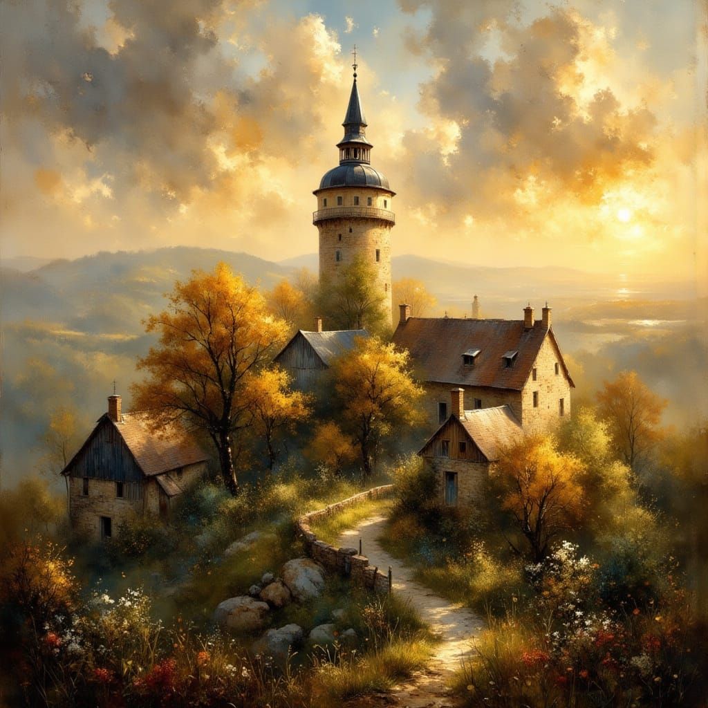 Tower Above Village at Golden Hour