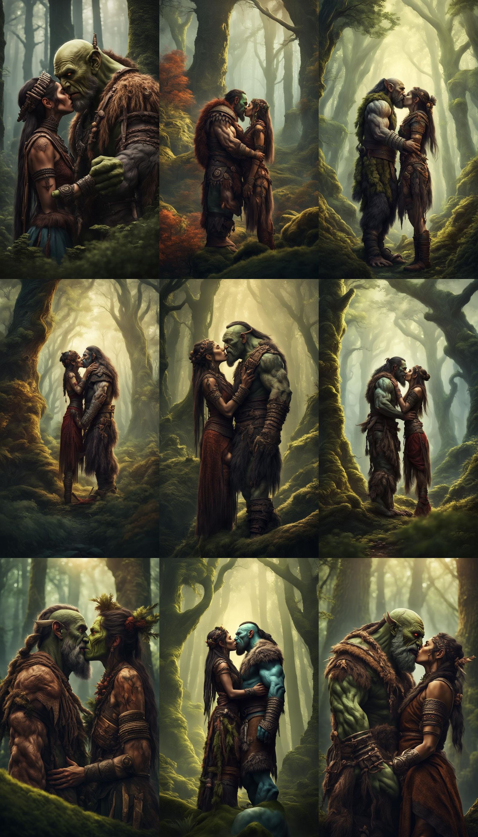 Tribal Woman Kisses Orc Man: Fantasy Art
