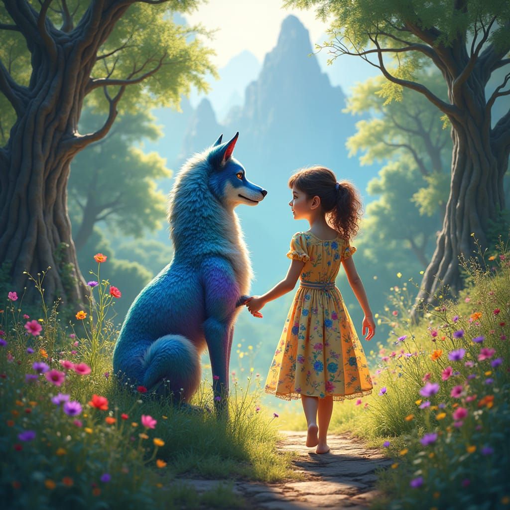 Whimsical Girl and Mythical Dog in Vibrant Forest