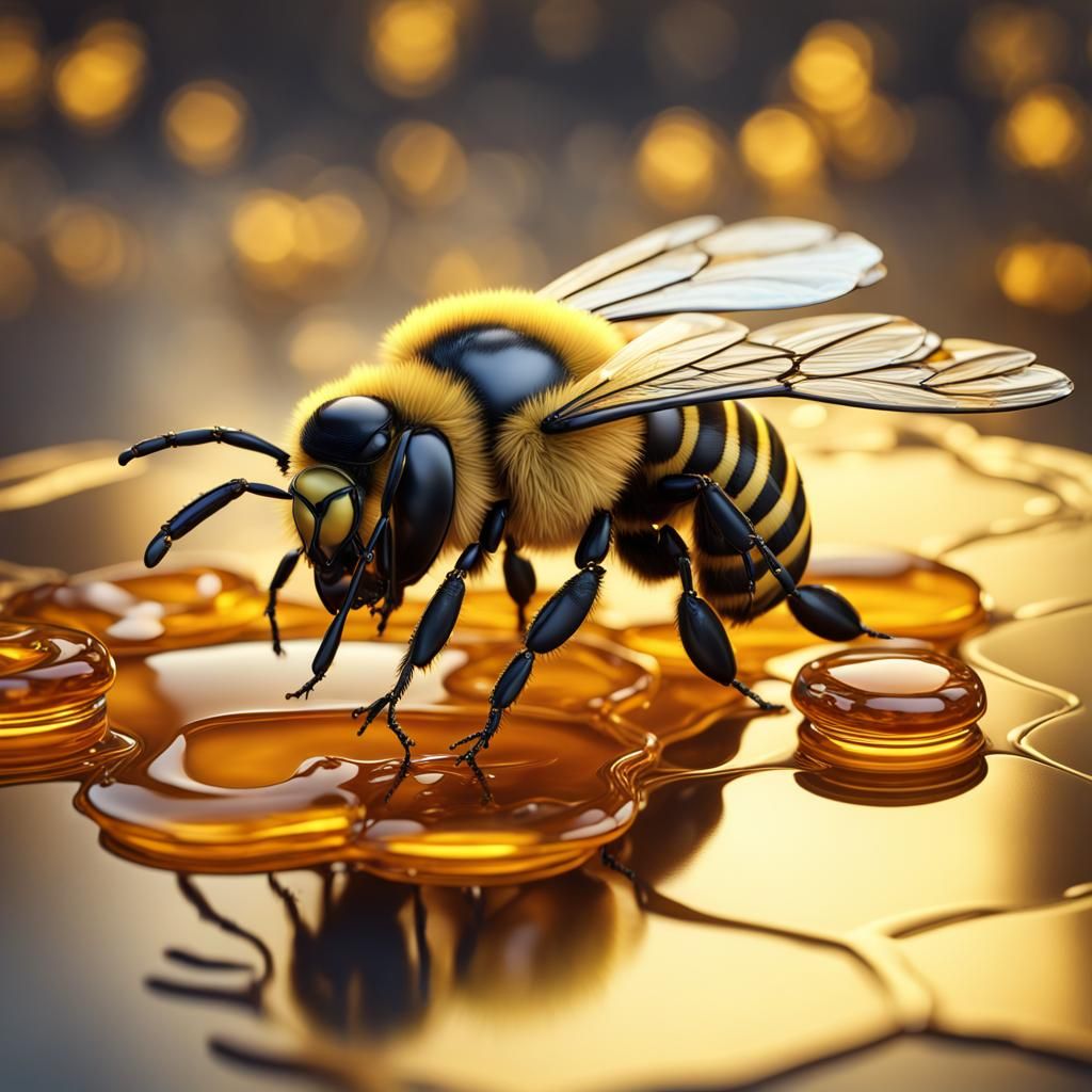Jeweled Bee on Golden Honeycomb, Fantasy Art