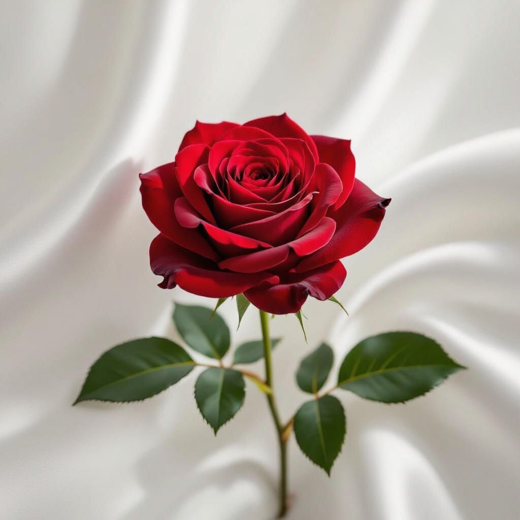 Perfect Crimson Rose on White Satin Background
