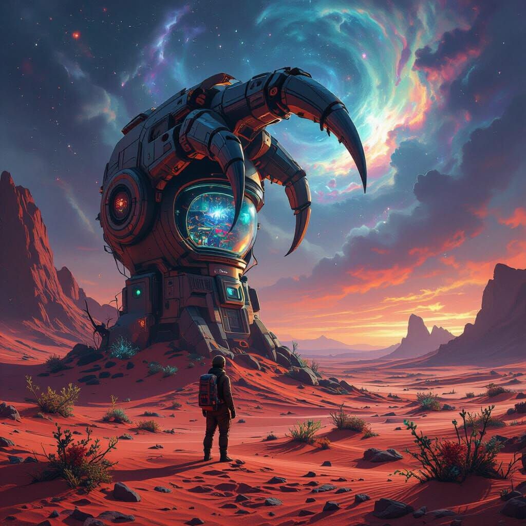 Explorer on Alien Planet Gazes at Giant Buried Claw Machine