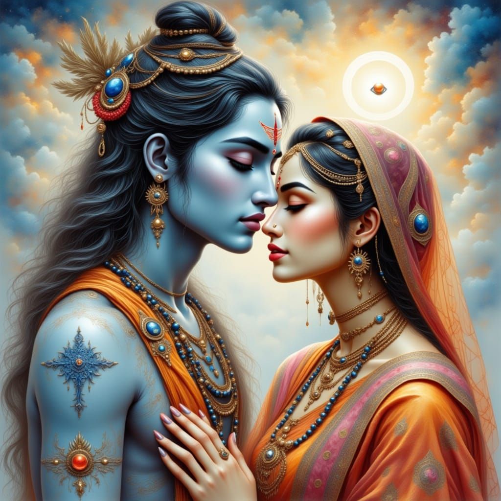 Shiva and Parvati in Dreamy Painterly Style