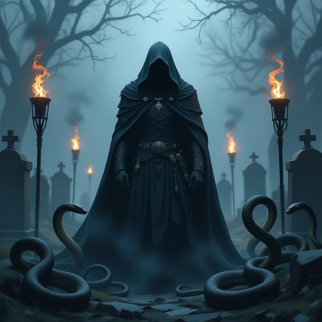 Mysterious Hooded Figure in Misty Graveyard with Snakes