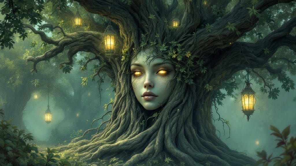 Ethereal Tree Spirit Materializes in Whispers of Ancient Oak