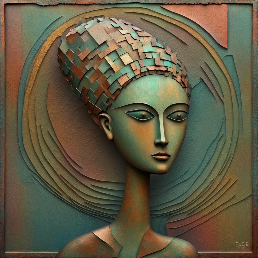 Goddess Figure with Multicolored Metal Background