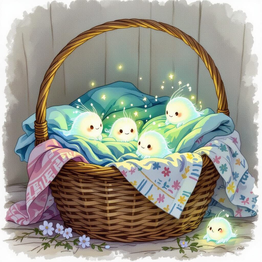 Magical Creatures in Laundry Basket: Storybook Art Style