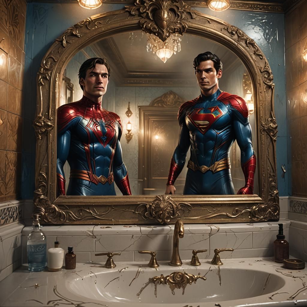 Spider-Man and Superman in Ornate Bathroom, Photorealistic A...