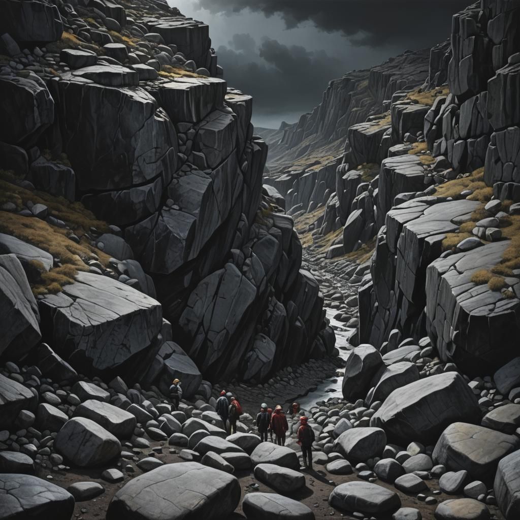 Dark Stony Valley with Huddling People