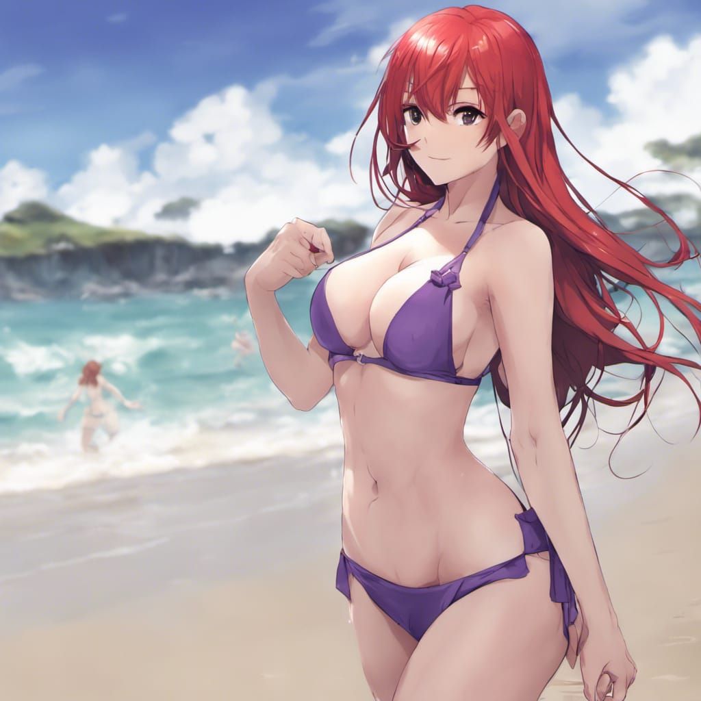 Anime Redhead at the Beach in Manga Style