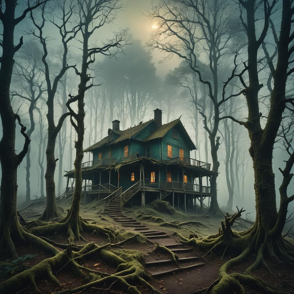 Eerie Cabin in Misty Forest, Surreal Matte Painting