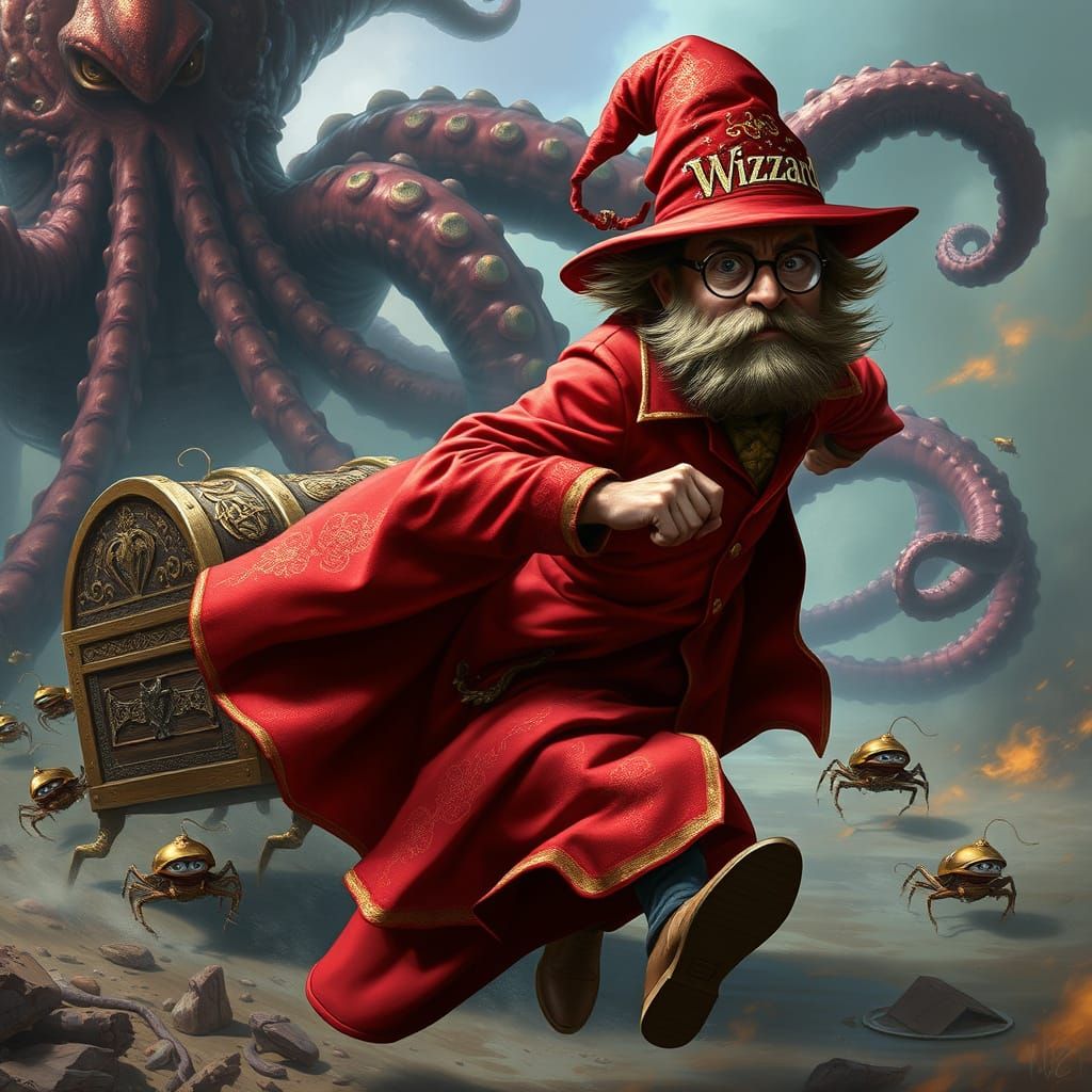 Wizard's Daring Escape in Vibrant, Hyperrealistic Style