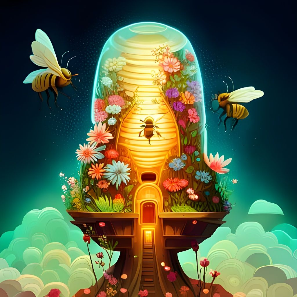 Bees and Fantasy Flowers in Watercolor Storybook Style