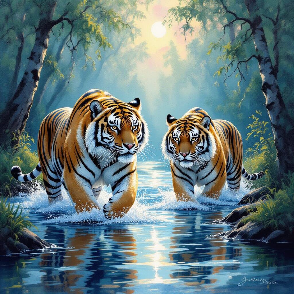 two Sabre tooth tigers striding through flowing water