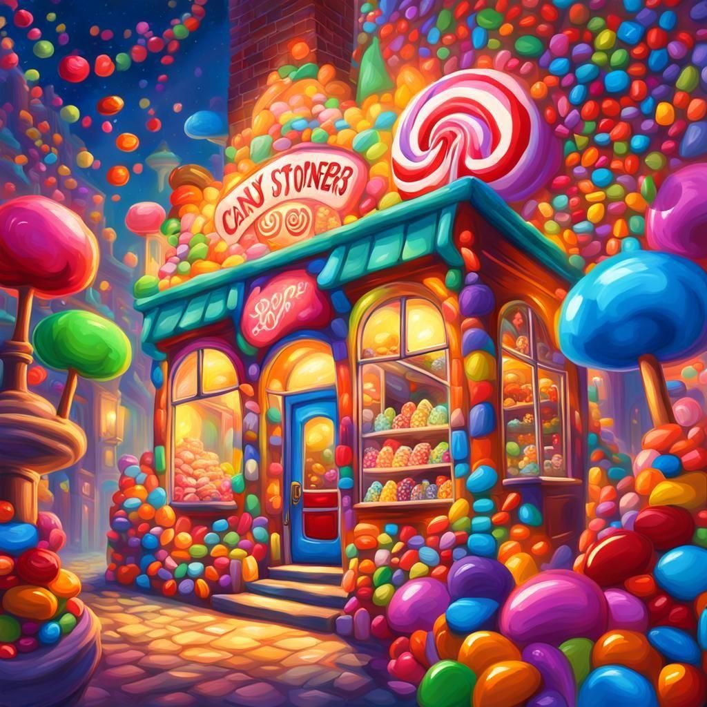 Candy Store Opening: Happy People in Detailed Painting